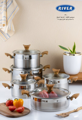 سرویس قابلمه استیل ۱۰ پارچه برند ریور با دسته طرح چوب