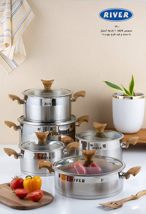 سرویس قابلمه استیل ۱۰ پارچه برند ریور با دسته طرح چوب