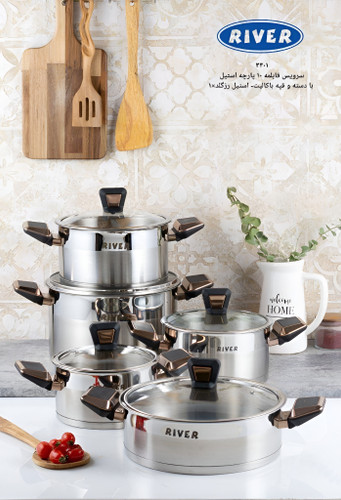 سرویس قابلمه استیل ۱۰ پارچه برند ریور با دسته رز گلد
