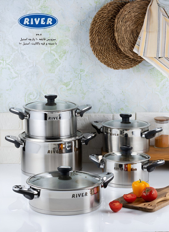 سرویس قابلمه استیل ۱۰ پارچه برند ریور با دسته باکالیت نقره ای