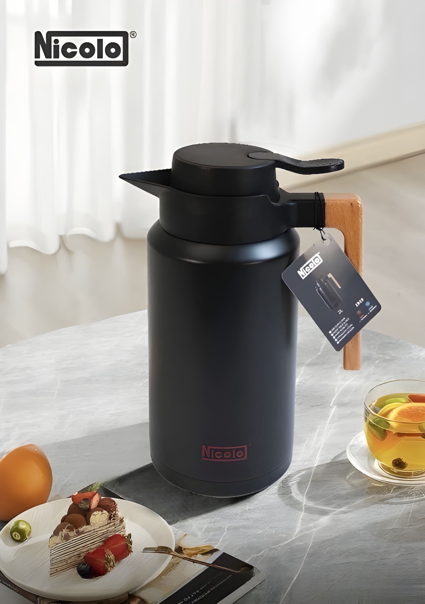 فلاسک استیل 1.5 لیتری برند نیکولو مناسب نگهداری نوشیدنی‌های گرم و سرد، با کیفیت بالا و طراحی مقاوم