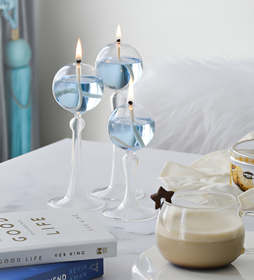 شمعدان پیرکس سه‌تایی شفاف با سوخت پارافین مایع