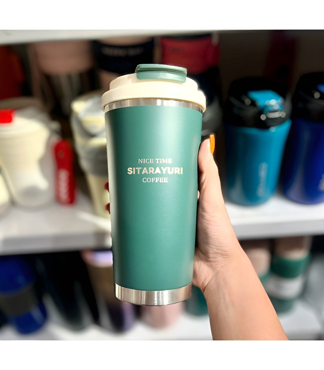 ماگ سفری زیبا با لبه استیل و بند حمل