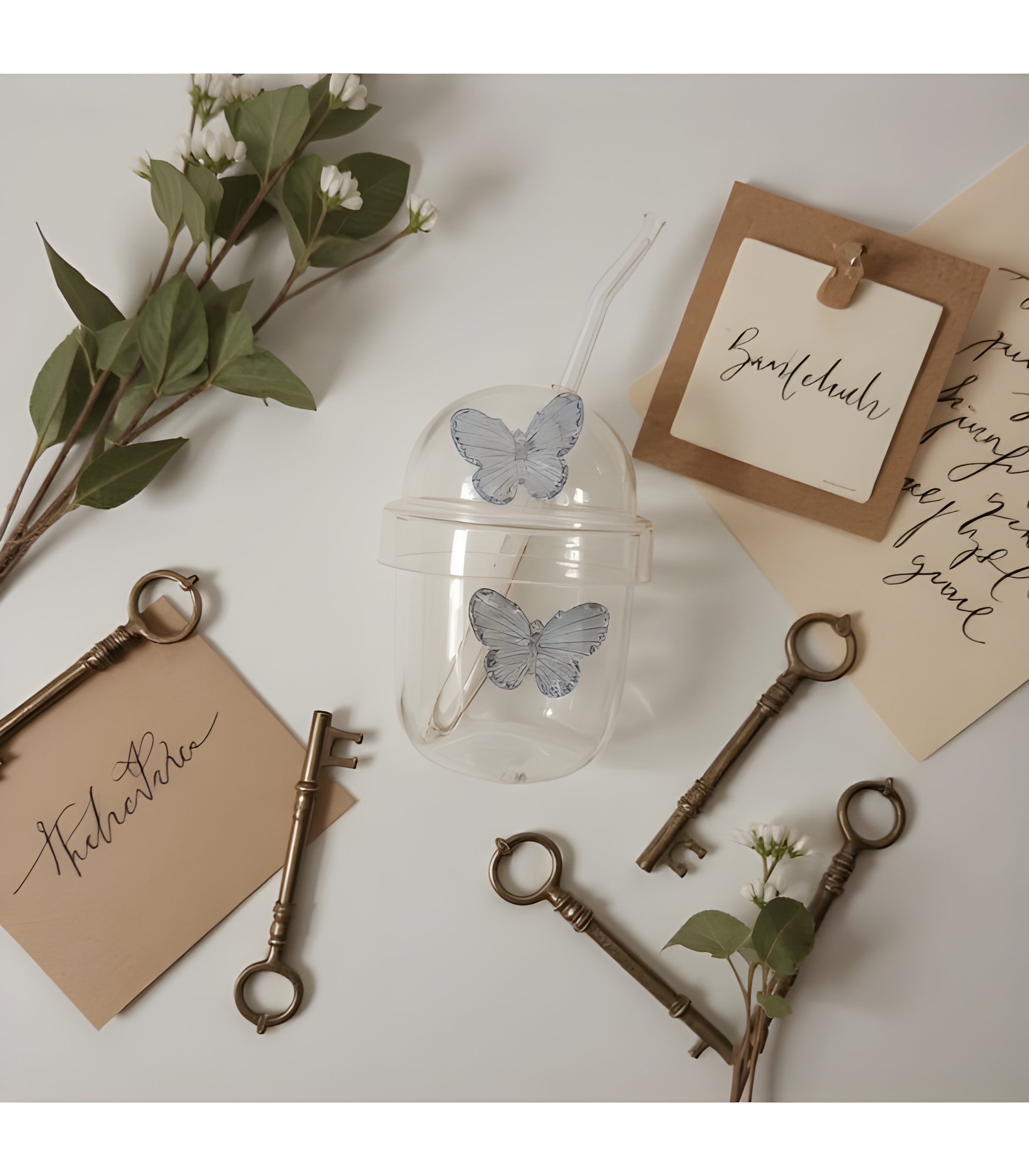 ماگ شیشه‌ای با طرح پروانه و نی رنگی