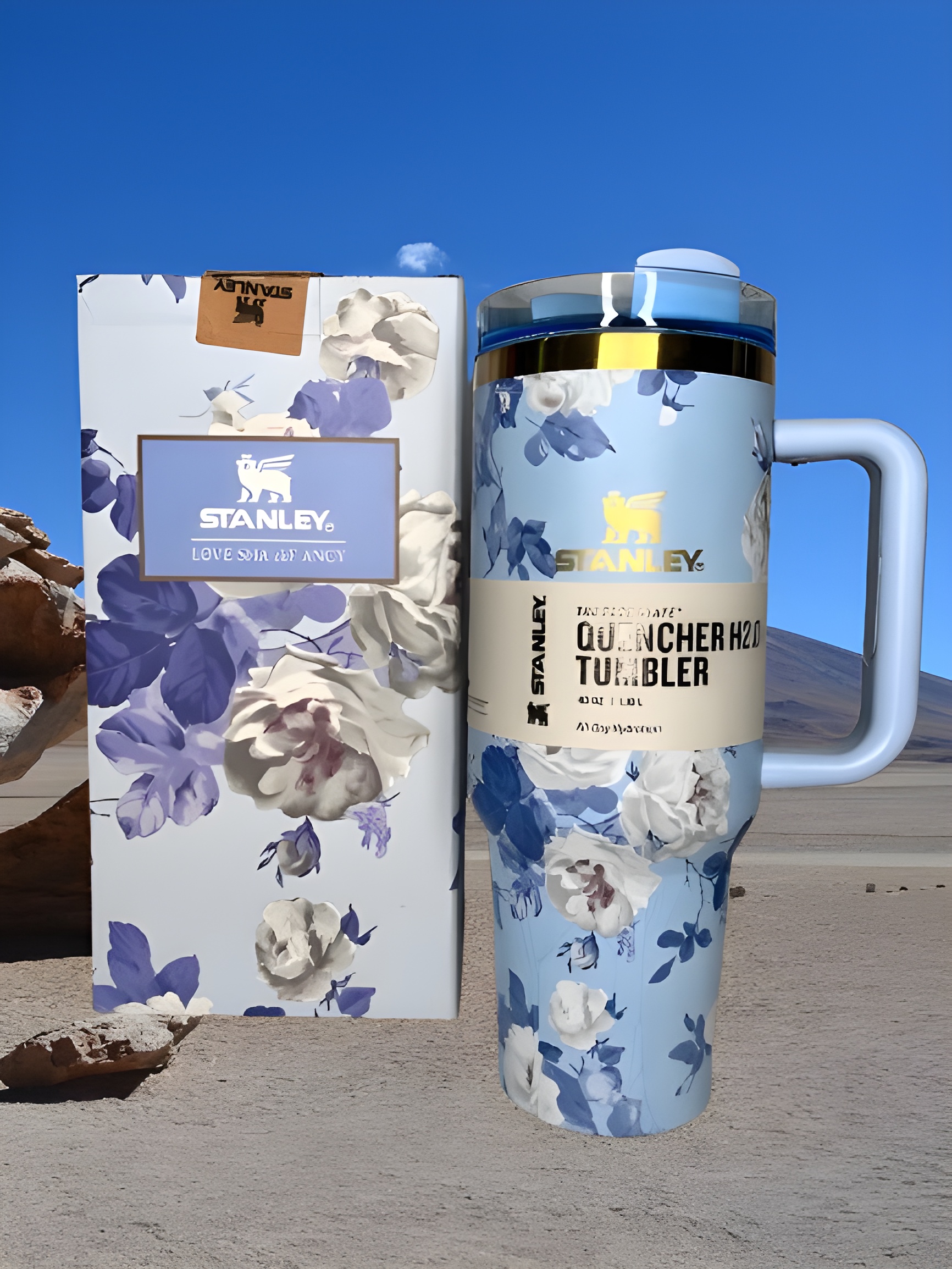 تامبلر استنلی طرح گل دسته‌دار آبی با جعبه کادویی