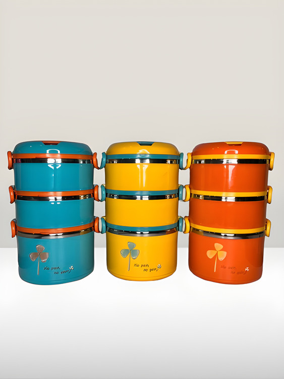 ظرف غذای استیل سهطبقه رنگی بزرگ