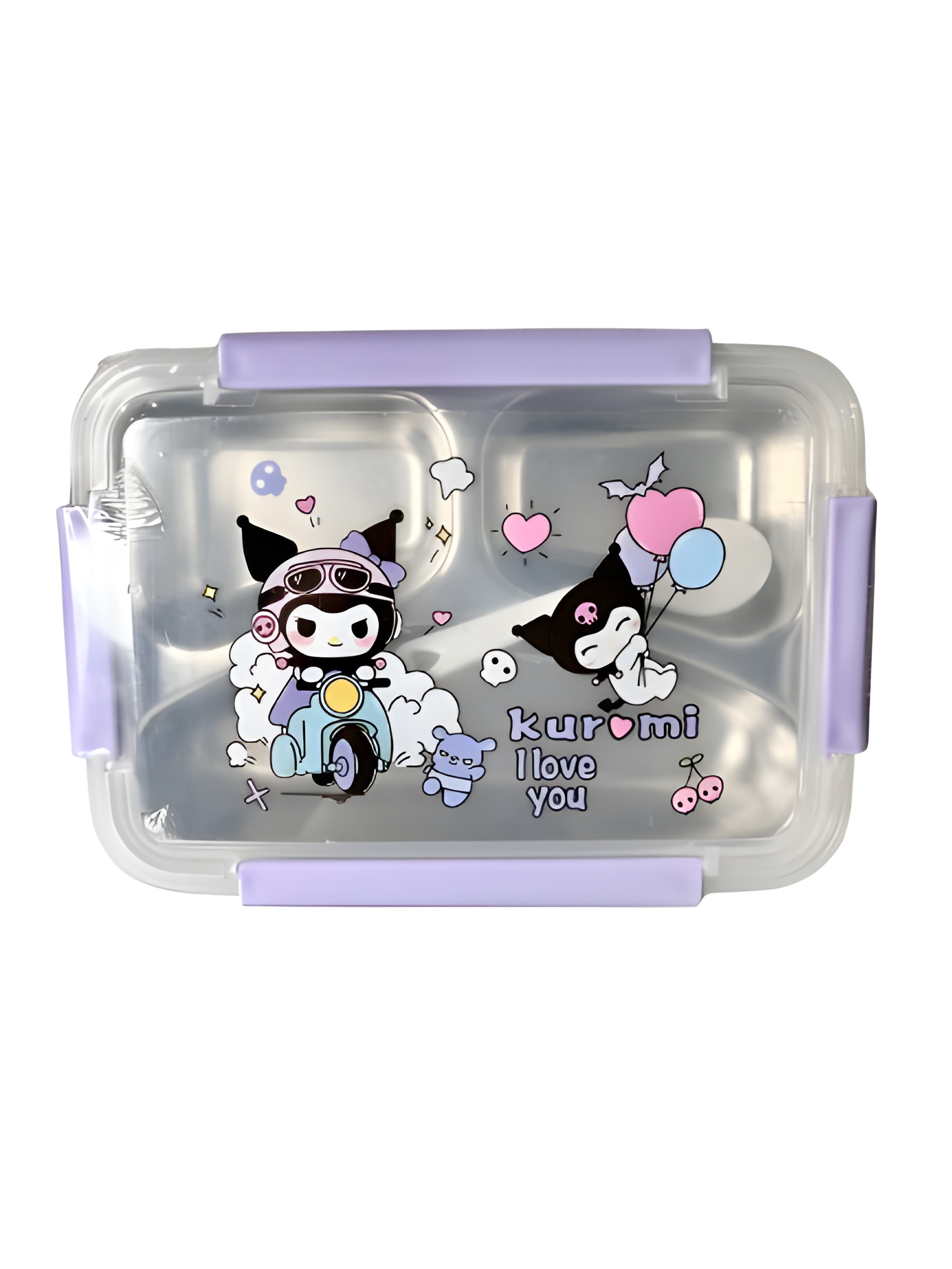 ظرف غذا کودک سهقسمتی طرح Kuromi با داخل استیل و بدنه پلاستیکی